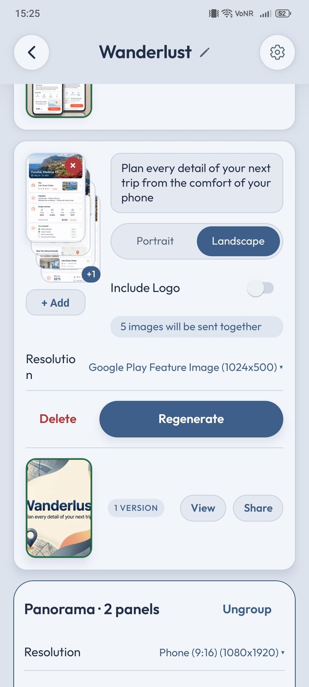 StoreShot project screen configuring the Wanderlust feature graphic
